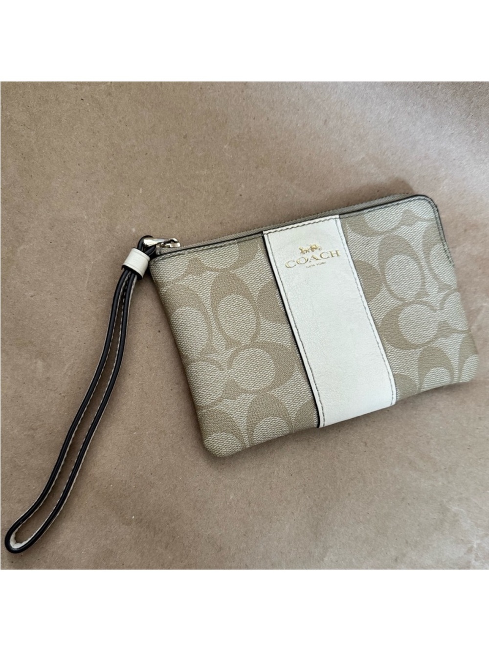 Coach Corner Zip Wristlet in Tan Signature Canvas & Cream Trim Wristlet 6” by 4”